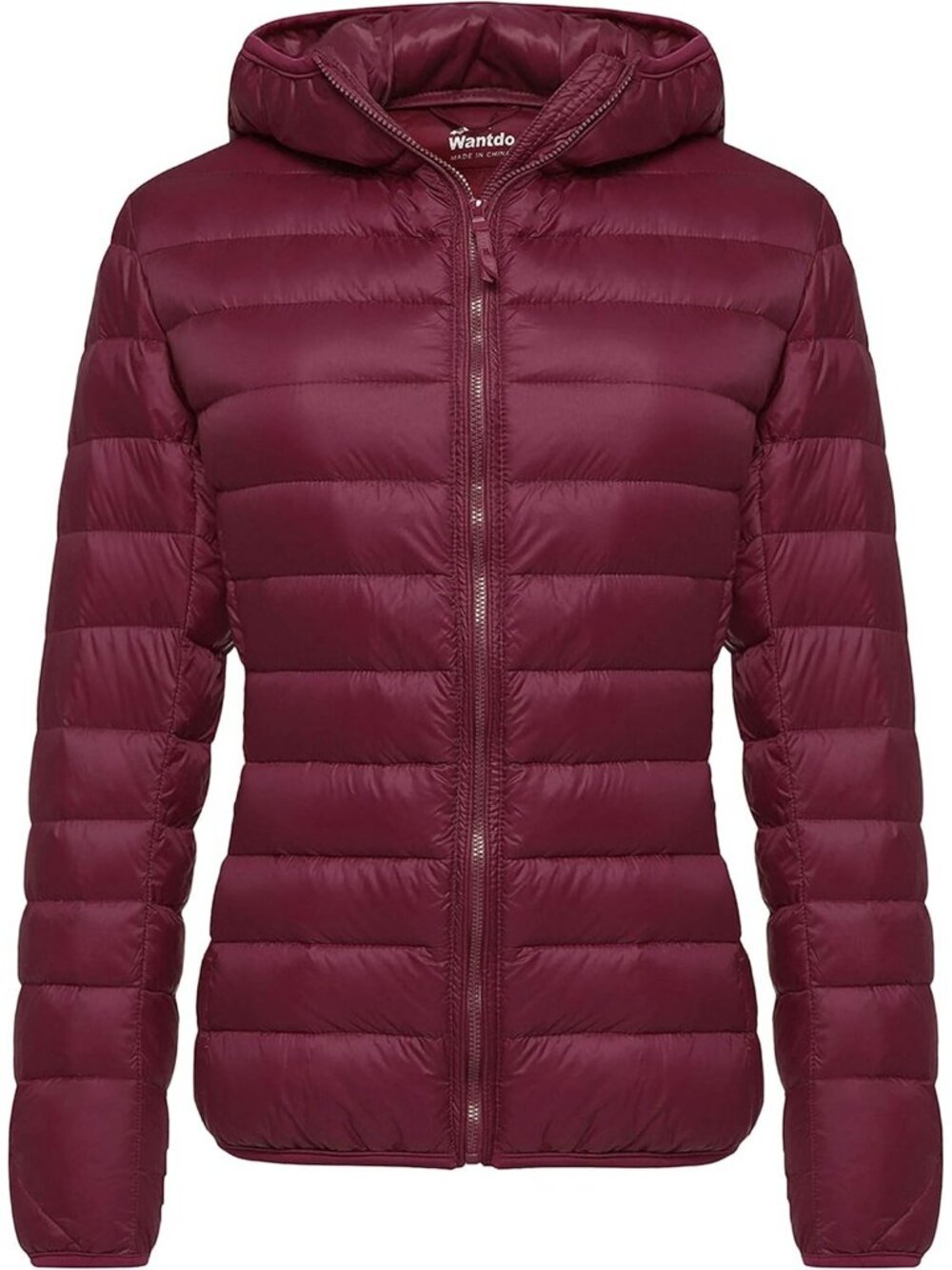 Women's Wine Red Hooded Down Jacket Packable Light Weight Short Winter Warm
